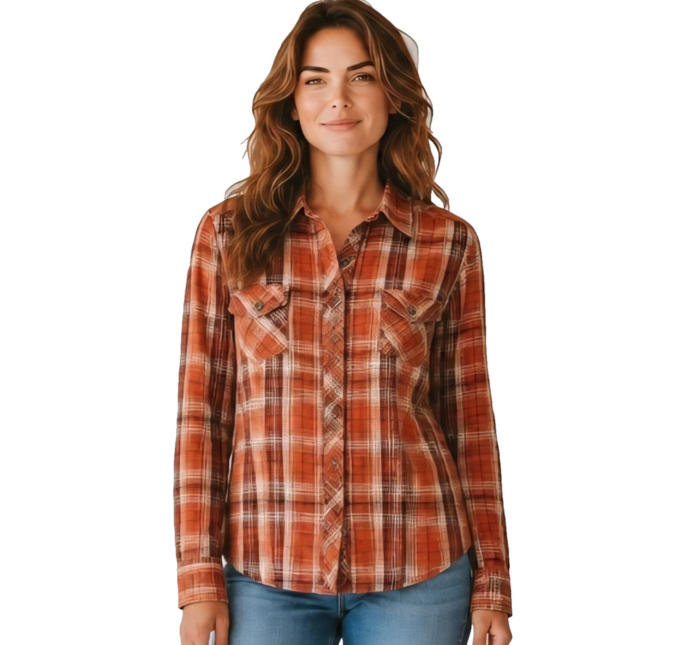 Natural Reflections Womens Top Size M Burnt Orange Plaid Long Sleeve Button Down